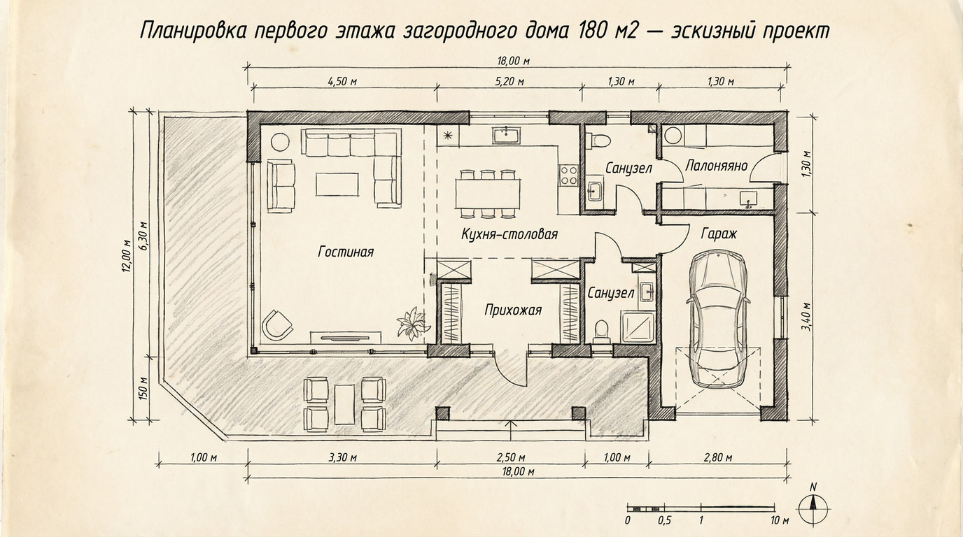 Планировка первого этажа загородного дома 180 м2 — эскизный проект