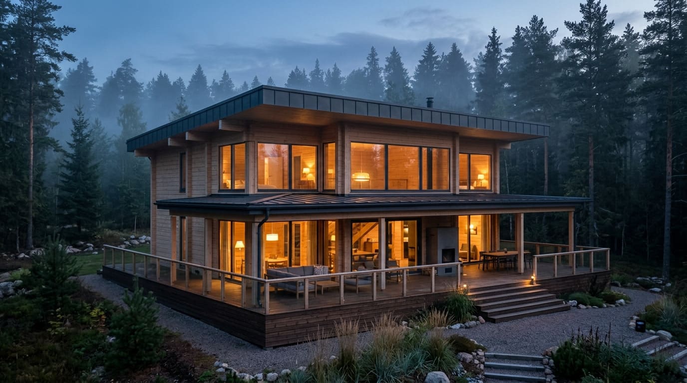 Современный загородный дом из клеёного бруса с панорамными окнами и террасой в сосновом лесу