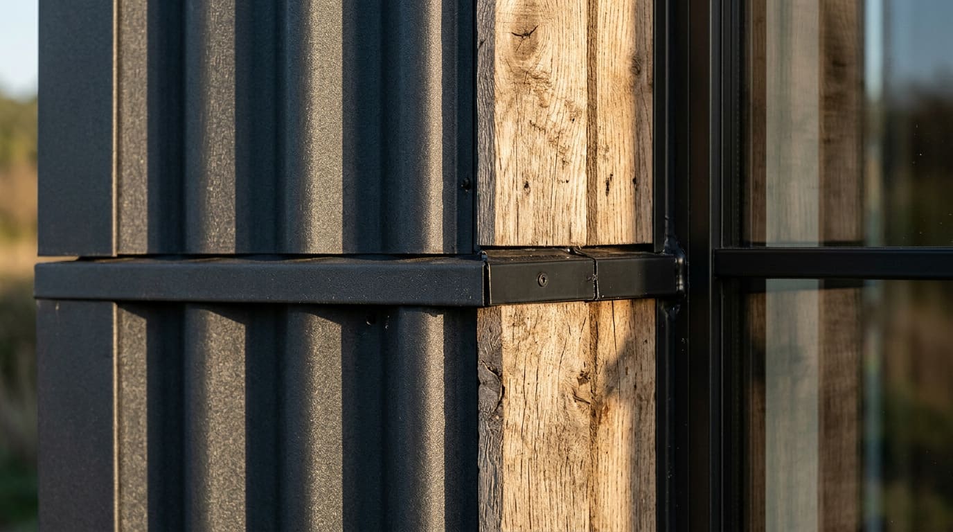 Деталь фасада барнхауса — сочетание тёмного металла и натурального дерева в отделке