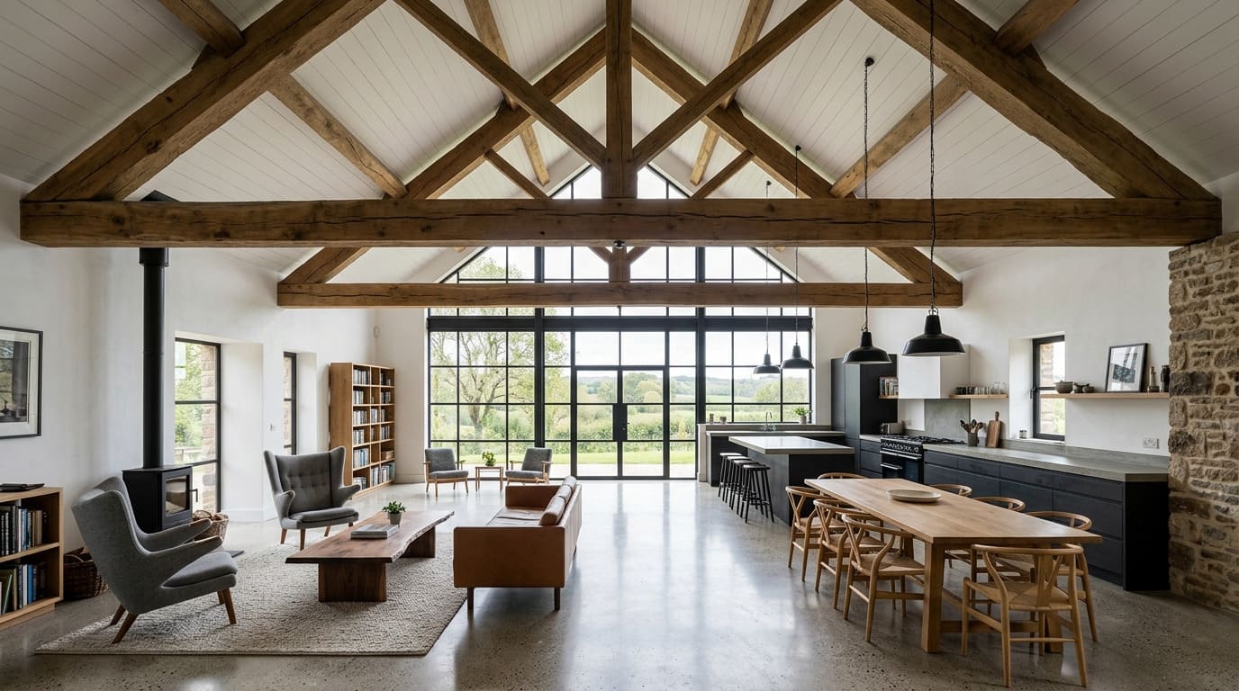 Интерьер барнхауса — открытое пространство с высокими потолками, балками и панорамными окнами