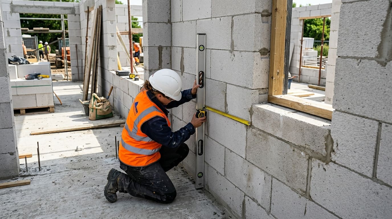 Контроль качества строительных работ — проверка кладки и геометрии стен на строительной площадке