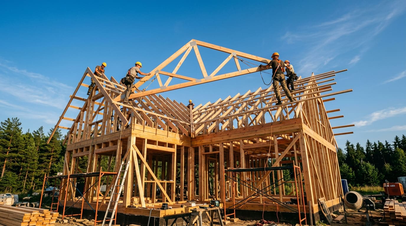 Монтаж стропильной системы кровли при строительстве частного дома