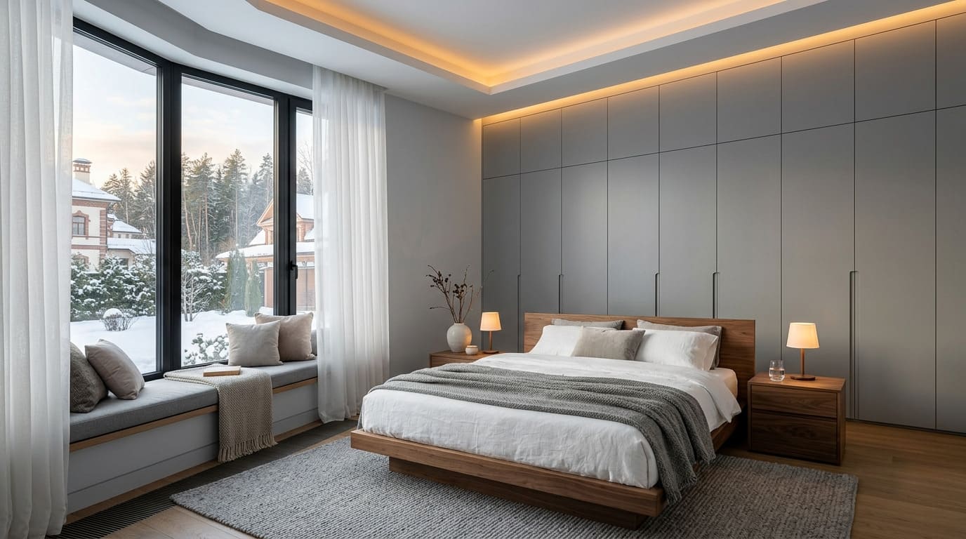 Дизайн интерьера спальни в частном доме — встроенный гардероб, зона чтения у окна, непрямое освещение