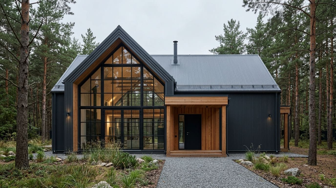 Проект современного барнхауса — вид на фасад с тёмной обшивкой и панорамными окнами