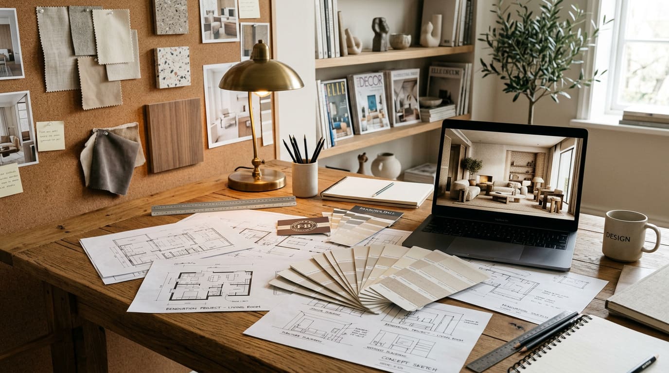 Разработка дизайн-проекта интерьера — рабочий стол с чертежами, образцами материалов и 3D-рендером