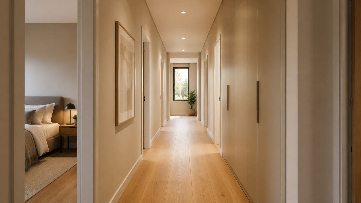 Грамотная планировка одноэтажного дома — широкий коридор с встроенными системами хранения