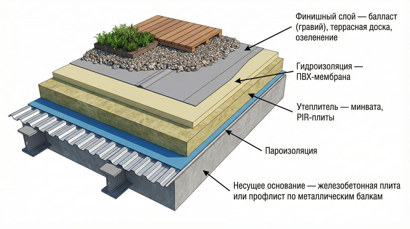 Устройство плоской кровли — кровельный пирог в разрезе